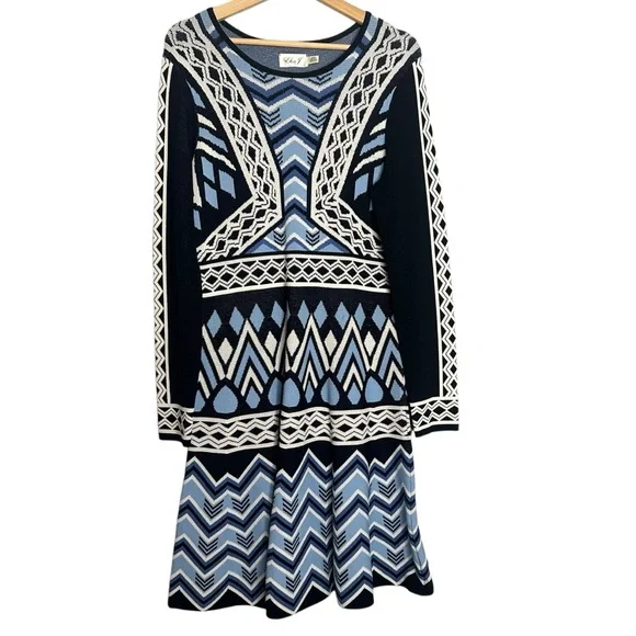 Eliza J Jacquard Flare Sweater Geometric Knit Dress Size Large - Picture 7 of 10